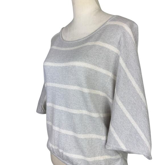 Beyond Vintage Gray Knit White Stripe Silver Sparkle Short Dolman Sleeve Sweater - Picture 5 of 12